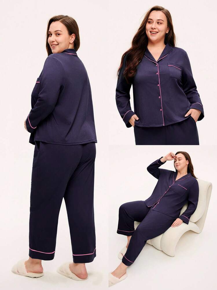Women Plus Cotton Basic Long Women Pajama Set