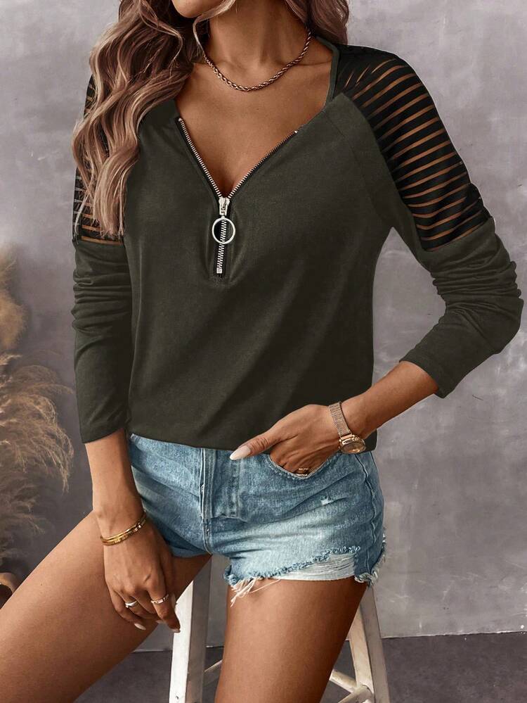 SHEIN LUNE Áo thun dệt kim dài tay cổ chữ V kéo khóa vai mùa thu cho nữ - xanh quân đội - Xem 5