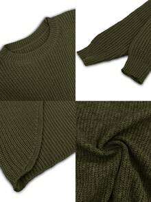 Calvaya Suéter largo de mujer de unicolor con cuello redondo, hombros caídos, manga larga y bajo con abertura, para otoño/invierno