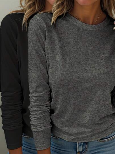 EMERY ROSE 女士两件套休闲圆领纯色长袖T恤，适合日常穿着