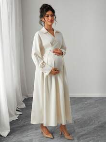 SHEIN Versatile & Comfortable Oblique Collar Long Sleeve Dress - Apricot - View 3