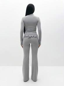 BABYPHAT Áo thun dài tay có khóa kéo in chữ và họa tiết gân cho trang phục thường ngày - Xám - Xem 6