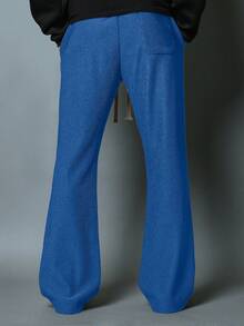 SUMWON Textured Flared Sweatpants Bell Bottom Ribbed Comfortable Casual Palazzo Pants Wide Leg Retro Style Fall Cozy Homewear With Drawstring Waist - Navy Blue - View 4