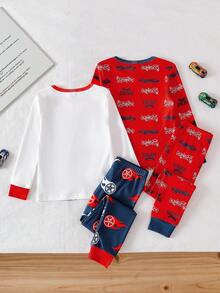 4pcs/Set Young BoySnug Fit Racing Car Allover Print Colorblock Design Long Sleeve Pajama Set, Comfortable Fabric - Multicolor - View 2