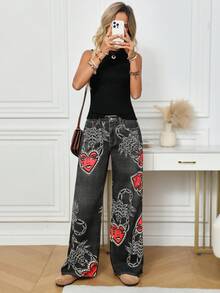 SHEIN LUNE Women's Scorpion Print Pocket Wide Leg Loose Casual Jeans Pattern Pants Women Wide Leg Pants Palazzo Pants Women Bohemian Pants - Black - View 3