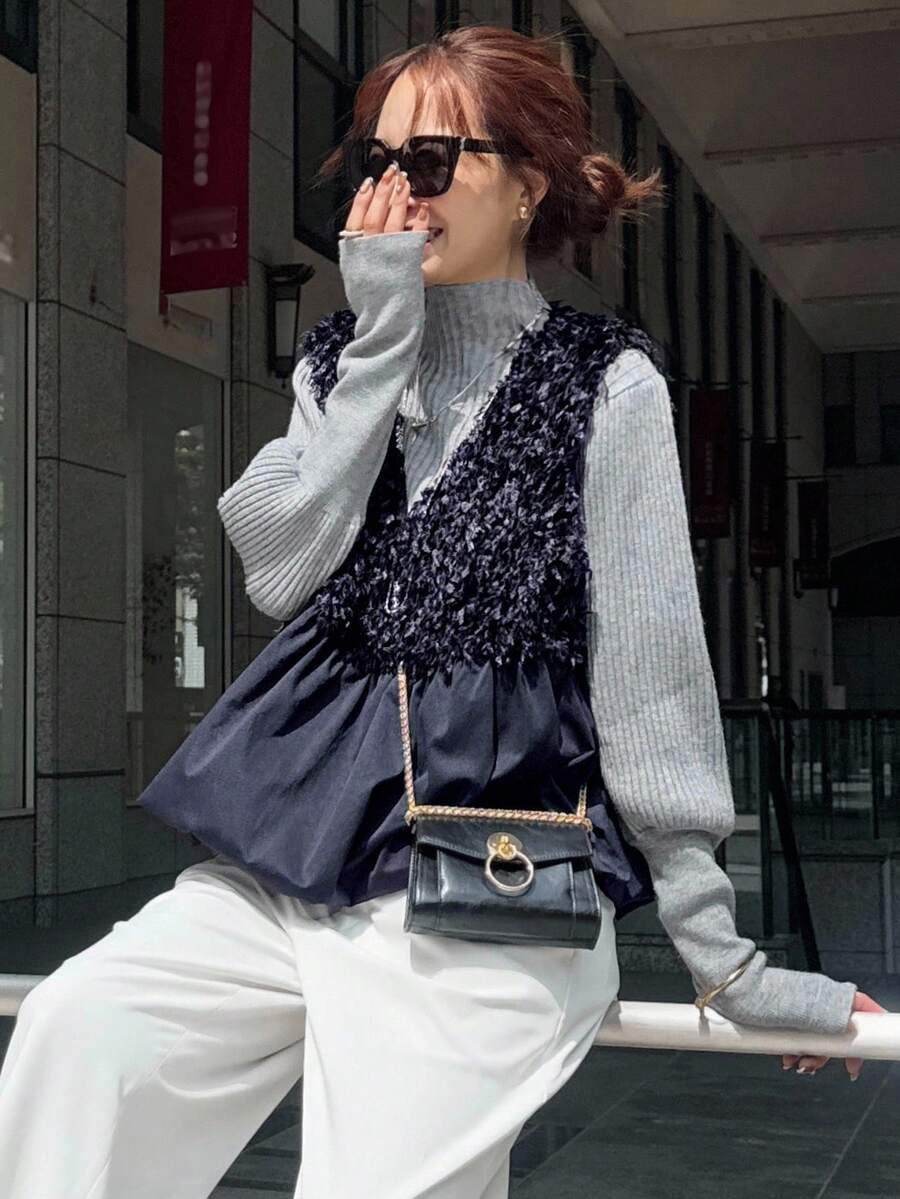 FRIFUL 女式黑色无袖拼接毛绒面料褶皱设计宽松休闲百搭分层背心，秋季 - 藏蓝色 - 查看 1