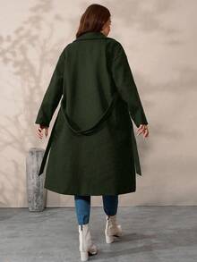 SHEIN Tall CURVE 大码女式纯色翻领长袖休闲羊毛长外套，秋冬款 - 軍綠色 - 查看 2