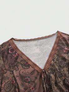 ROMWE Goth 大码复古浪漫嬉皮佩斯利印花V领喇叭袖女式连衣裙 - 棕色 - 查看 3