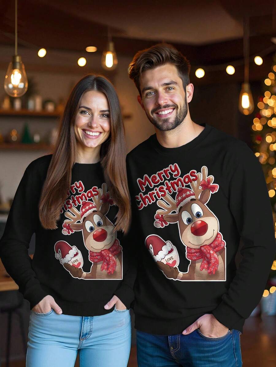 Manfinity Homme Herren süßer Rentier Weihnachts Schwarz Pullover Sweatshirt - Verschiedenfarbig - Übersicht 1