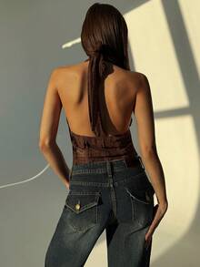 Aloruh Lace-Up Backless Halter Top For Women, Valentine For Women, Valentine For Women - Coffee Brown - View 9