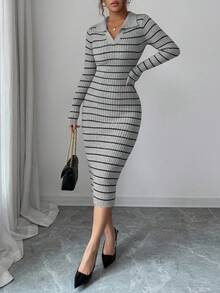 Elenzga 女装秋冬新款V领设计时尚优雅修身经典条纹针织长袖毛衣裙，百搭日常通勤 - 灰色 - 查看 3