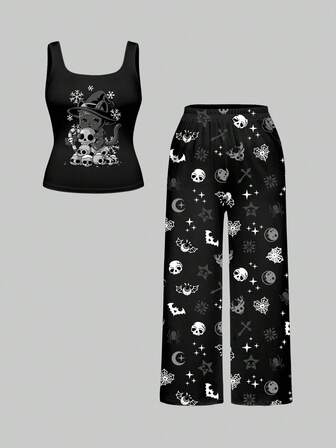 Gothic Christmas Cat Candy Cane Skull Cross Deer Eyeball Cobweb Moon Plus Size Full Print Tank Top And Pants Pajama Set, Casual Sleepwear