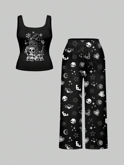 Gothic Christmas Cat Candy Cane Skull Cross Deer Eyeball Cobweb Moon Plus Size Full Print Tank Top And Pants Pajama Set, Casual Sleepwear