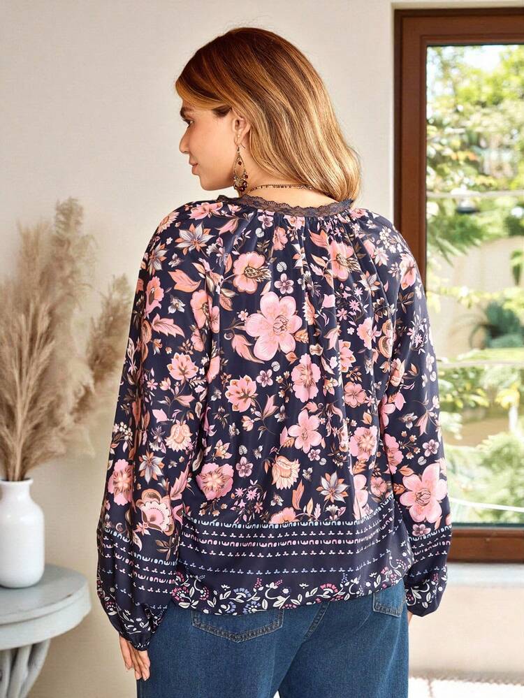 Damen Große Größen Lässig bedruckte Bluse mit Krawattenausschnitt, gemütlich für Herbst und Winter, Landhaus-Stil für Frauen, Landhaus-Stil für Frauen, Country-Konzert