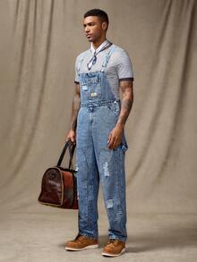 RivetRise 男士休闲做旧胸带牛仔背带裤 - 淺色水洗藍 - 查看 6