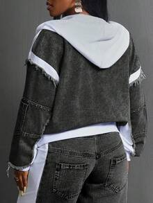 Slaydiva Plus Size Autumn Fashion Color Block Hooded Denim Jacket With Rhinestone Decor Women Jean Jackets - Grey - View 3