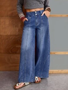 EMERY ROSE 女式高腰口袋阔腿宽松休闲百搭牛仔裤 - 藍色 - 查看 5