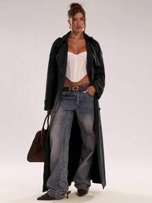 SHEIN BAE 休闲街头风打结长袖女式风衣 - 黑色 - 查看 3