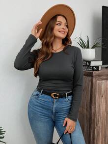 SHEIN LUNE 加大码冬季加厚圆领修身长袖保暖T恤，休闲日常假日穿着 - 灰色 - 查看 4