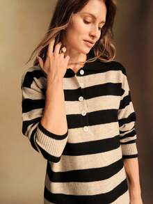 Écloséra Französischer Retro Loose Polokragen Langarm Gestricktes gestreiftes Halbplakette Knopf Khaki Damen Pulloverkleid, Herbst/Winter