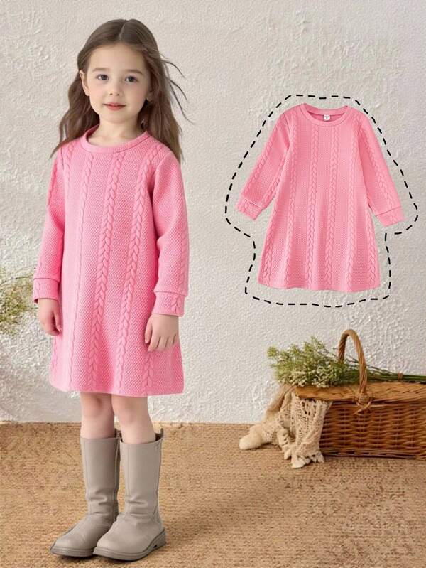 Girls' Braided Texture Long Sleeve Knit Dress, Suitable For Casual, Sports, Outdoor Wear
