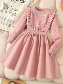 SHEIN فستان متوسط الطول بتصميم كاجوال وناعم مع حافة مكسرة، للخريف/الشتاء - وردي مغبر - مشاهدة 3