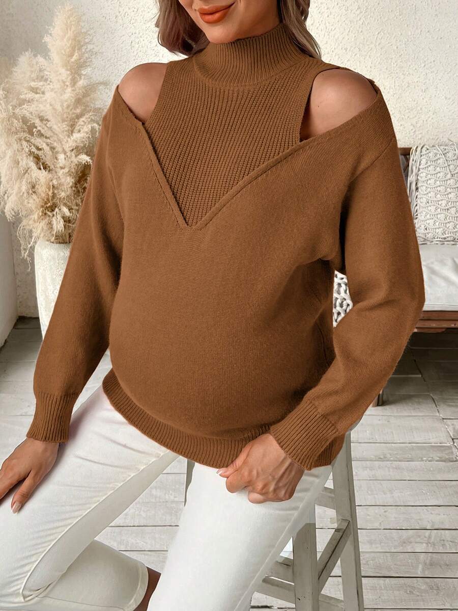 SHEIN Sweater Hamil Lengan Panjang Kerah Tegak Elegan dengan Lubang-lubang - Coklat - View 1