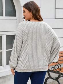 SHEIN PETITE CURVE Plus Size Crew Neck Batwing Sleeve Fleece Sweatshirt - Grey - View 2