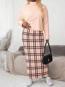 EMERY ROSE Plus Size Casual Solid Color Turtleneck Top And Retro Plaid Print Skirt 2 Pieces Set - Multicolor - View 4