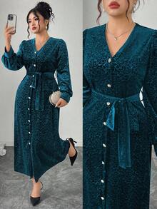 Modelyn Plus Size Women V-Neck Lantern Sleeve Velvet Embossed Elegant Party Dress - Blue - View 1