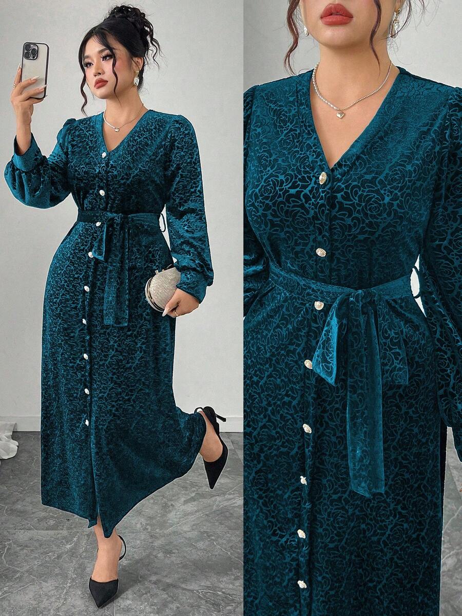 Modelyn Plus Size Women V-Neck Lantern Sleeve Velvet Embossed Elegant Party Dress - Blue - View 1
