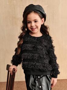 SHEIN 女童黑色时尚亲子装，流苏设计套头卫衣，条纹常规款上衣，适合通勤、秋冬季节穿着，母女装（2 件单独出售） - 黑色 - 查看 3