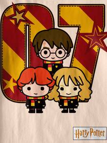 HARRY POTTER X SHEIN 少女休闲日常通勤上学风可爱卡通人物星星印花撞色短袖T恤，夏季 - 白色 - 查看 4