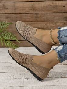 Tenis casuales de mujer de deporte para mujer, slip-on para primavera y otoño, de punta redonda, color negro, livianas modelo de tenis versátiles, zapatillas planas de lona para mujer corte bajo - Caqui - Ver 3