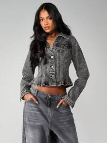 MISSGUIDED Vintage Grey Denim Jacket With Peplum Hem Button Front Collar Classic Fall Outerwear - Grey - View 1