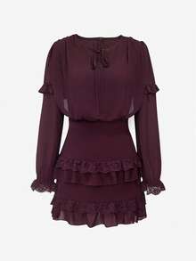 Cévolie B250：紫色雪纺蕾丝拼接迷你连衣裙