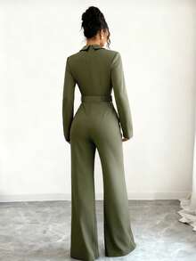 INAWLY 修身优雅西装领束腰喇叭裤连体裤（女款） - 綠色 - 查看 2