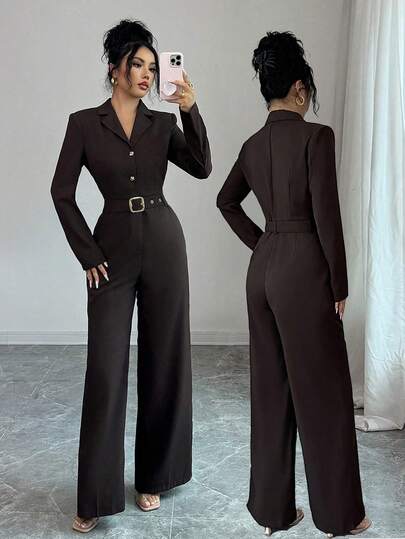 Selianne 深棕色西装领宽腰带连体裤