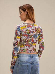 Nick 90s | SHEIN Women's Mesh Sheer Cartoon Pattern Round Neck Long Sleeve Cropped Top - Yellow - View 2