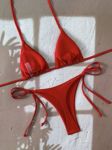 Swim Vcay 女士纯色露背性感吊带丁字裤比基尼套装 - 紅色 - 查看 2