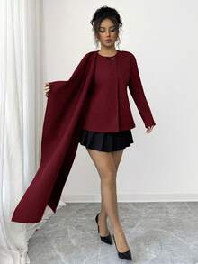 SHEIN Elenzya 秋冬复古巧克力色披肩领外套 - 紅色 - 查看 6