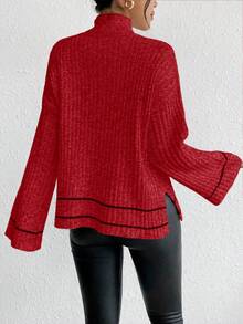 SHEIN LUNE Sweater Pullover Wanita Lengan Panjang Longgar Kasual - Merah - View 2