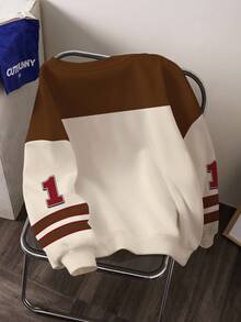 LOONEY TUNES X SHEIN Plus Size Casual Sports Cartoon And Letter Graphic Colorblock Crew Neck Sweatshirt