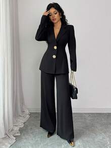 Rafferiza 女士翻领金属花朵单排扣长袖外套和裤子优雅套装黑色裤装女式套装女士西装两件套女士高贵裤装套装加大码 - 黑色 - 查看 4