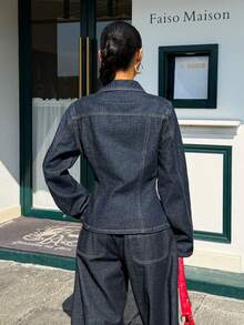 Muchica 女士时尚收腰牛仔外套 - 藍色 - 查看 2