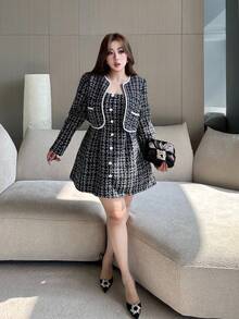 Vibekara 大码女式粗花呢格子长袖外套和无袖连衣裙套装，通勤休闲舒适优雅装扮