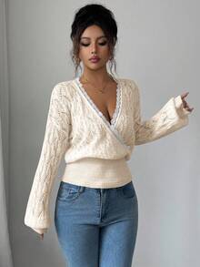 Elenzga Hollow Lace V-Neck Backless Mohair Sweater For Women, Elegant Wool Knitted Pullover With Reversible Design - Beige - View 3