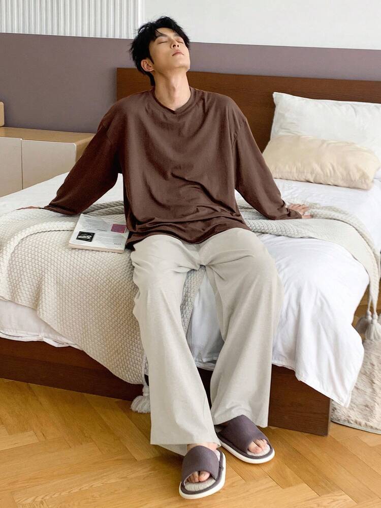 Men's Solid Color Elastic Waist Casual Pajama Set, Suitable For Autumn