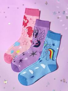 My Little Pony X SHEIN 3双装柔软透气吸湿甜美休闲女士中筒袜，时尚可爱卡通彩色船袜，加固趾跟，经久耐穿，四季皆宜，夏季冬季百搭，图案袜子，独角兽 - 彩色 - 查看 5