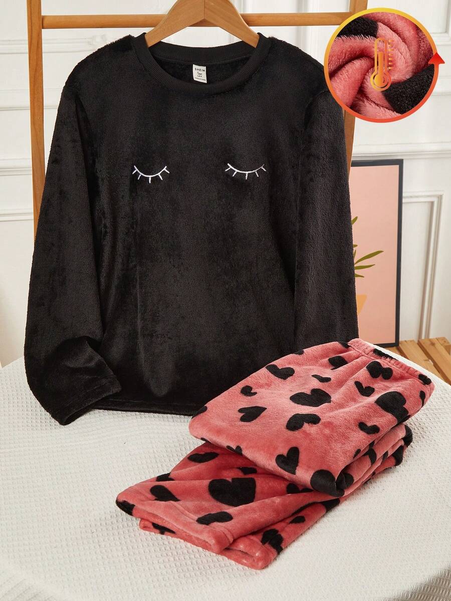 Teen GirlBlack Fluffy Sweatshirt With Eyelash Embroidered Heart Pattern & Thick Comfortable Long Pants Pajama Set - Black - View 1